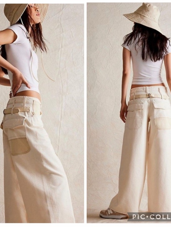 We The Free Pants - Free People We The Free Waterfalls Baggy Wide-Leg Jeans in Cream Size 30